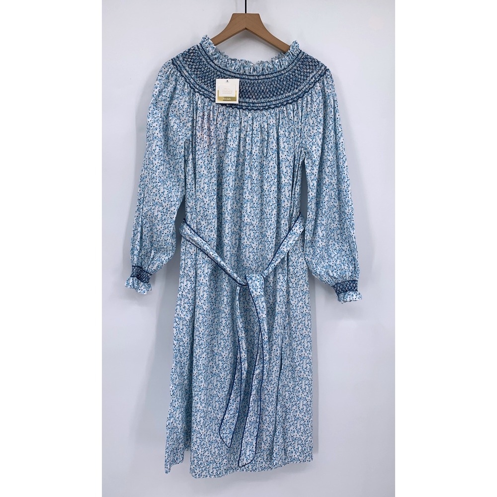 Dondolo Dress Womens XS/Small Blue Floral Smocked Belted Cotton Midi NEW